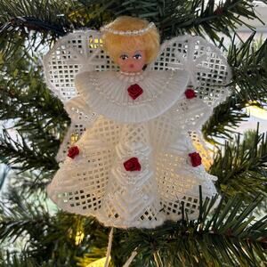 Vintage Plastic Canvas Tree Topper Angel Blonde Pearls and Rose Embellished